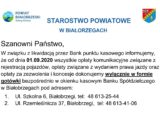 W związku z likwidacją przez Bank punktu kasowego informujemy że od dnia 01.09.2020 wszystkie opłaty komunikacyjne dokonujemy wyłącznie w formie gotówki bezpośrednio w okienku kasowym Banku Spółdzielczego w Białobrzegach