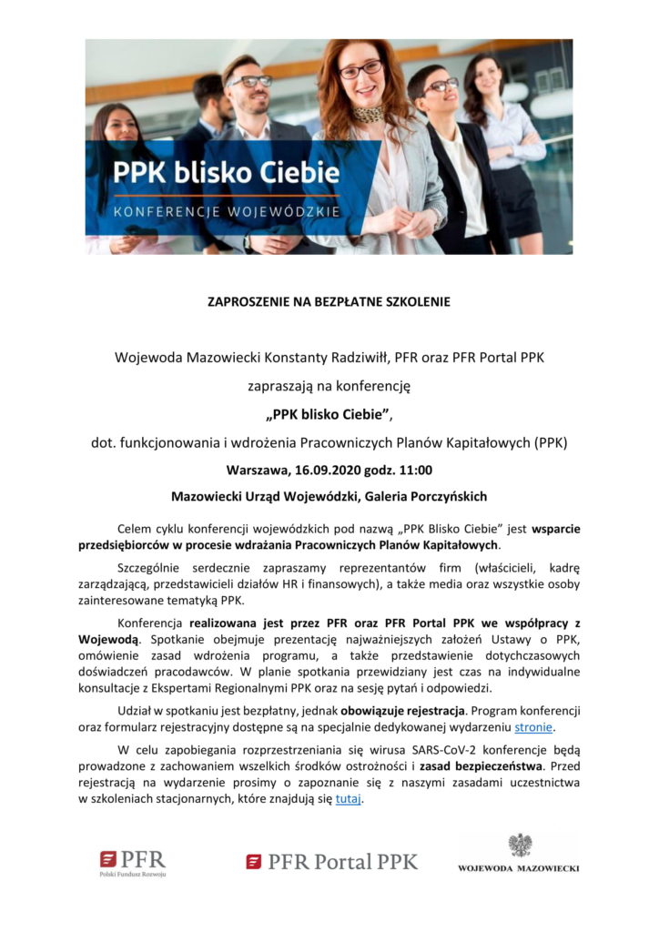 Bezpłatne szkolenie Warszawa dotyczące funkcjonowania i wdrożenia Pracowniczych Planów Kapitałowych. 16.09.2020 godzina 11, Warszawa Galeria Porczyńskich 