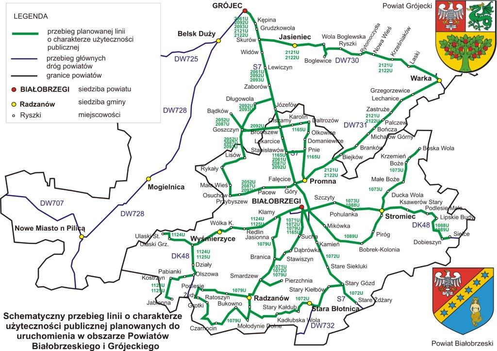 Schematyczny przebieg linii o charakterze użyteczności publicznej planowanych do uruchomienia w obszarze Powiatów Białobrzeskiego i Grójeckiego
