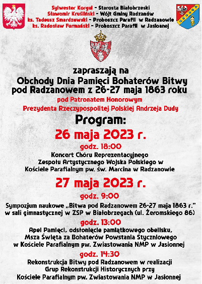 160. rocznica bitwy pod Radzanowem stoczona w dniach 26 - 27.05.1863 roku w Powiecie Białobrzeskim