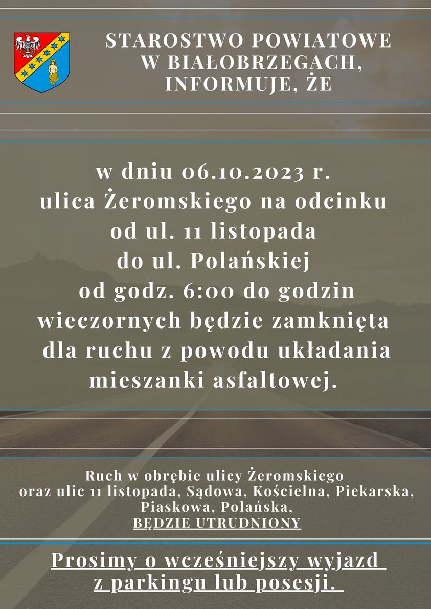 Ogłoszenie dla mieszkańców Białobrzegów i użytkowników drogi powiatowej (ul. Żeromskiego)