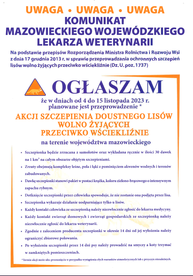 Komunikat Mazowieckiego Wojewódzkiego Lekarza Weterynarii