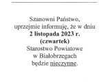 Informacja o dniu wolnym od pracy w Starostwie Powiatowym w Białobrzegach