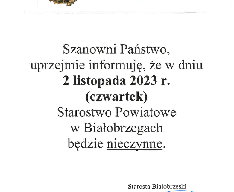 Informacja o dniu wolnym od pracy w Starostwie Powiatowym w Białobrzegach