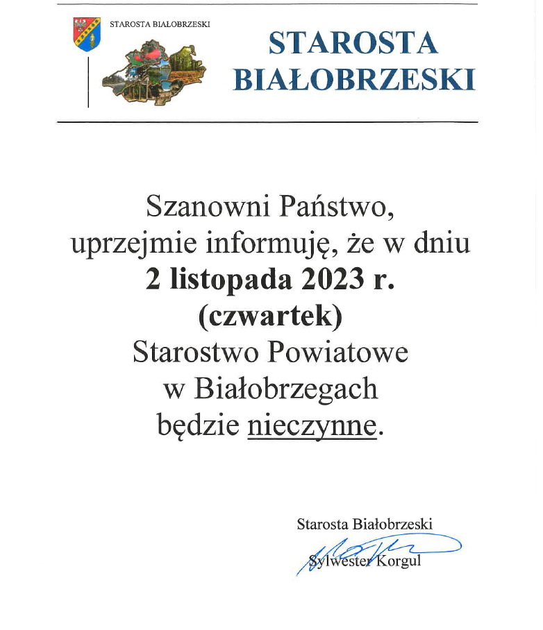 Informacja o dniu wolnym od pracy w Starostwie Powiatowym w Białobrzegach