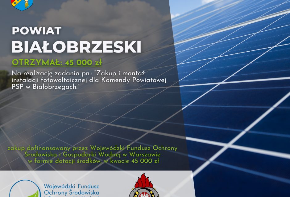 POWIAT BIAŁOBRZESKI OTRZYMAŁ: 45 000 zł Na realizację zadania pn.: "Zakup i montaż instalacji fotowoltaicznej dla Komendy Powiatowej PSP w Białobrzegach." zakup dofinansowany przez Wojewódzki Fundusz Ochrony Środowiska i Gospodarki Wodnej w Warszawie w formie dotacji środków, w kwocie 45 000 zł