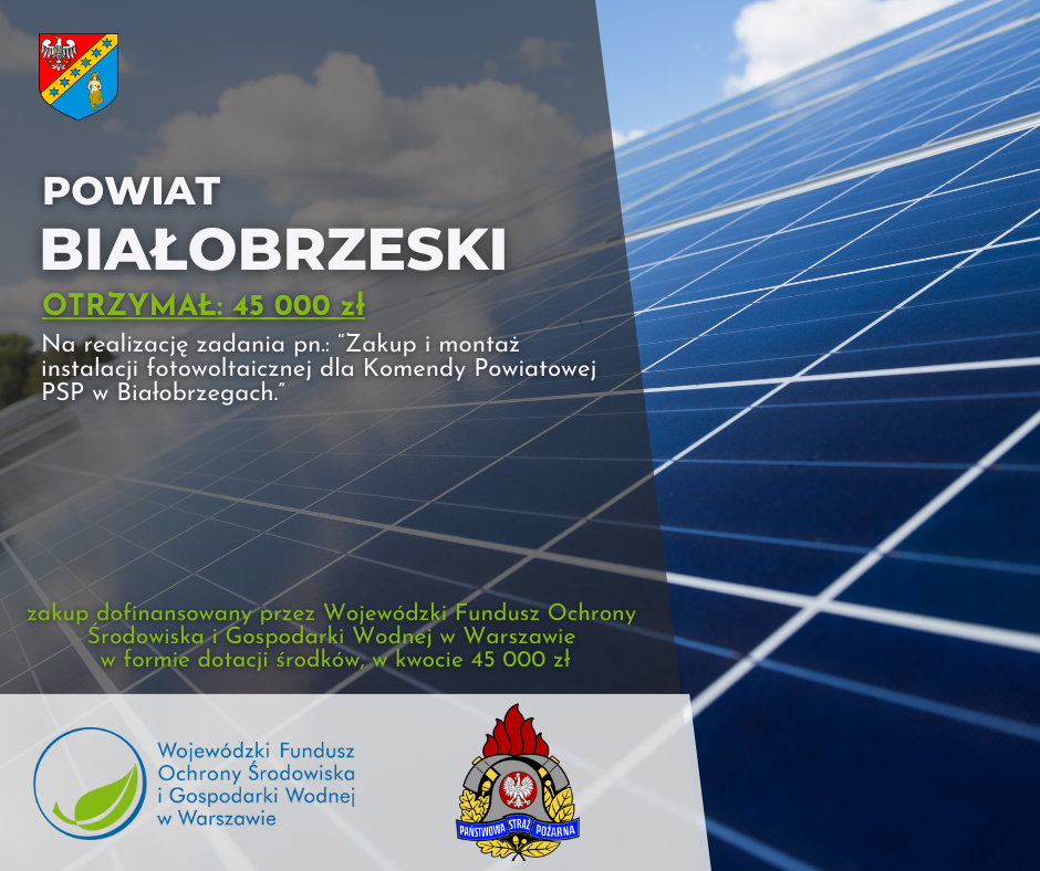 POWIAT BIAŁOBRZESKI OTRZYMAŁ: 45 000 zł Na realizację zadania pn.: "Zakup i montaż instalacji fotowoltaicznej dla Komendy Powiatowej PSP w Białobrzegach."
zakup dofinansowany przez Wojewódzki Fundusz Ochrony Środowiska i Gospodarki Wodnej w Warszawie w formie dotacji środków, w kwocie 45 000 zł