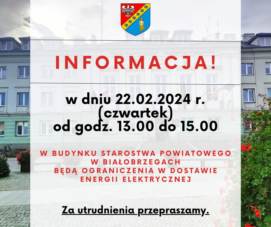Przerwa w dostawie prądu w budynkach Starostwa Powiatowego w Białobrzegach.