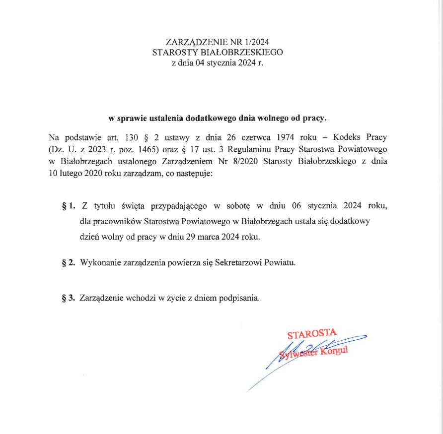 Dzień wolny od pracy 29.03.2024r.