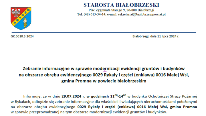 Zebranie informacyjne w sprawie modernizacji ewidencji gruntów i budynków na obszarze obrębu ewidencyjnego 0029 Rykały i części (enklawa) 0016 Małej Wsi, gmina Promna w powiecie białobrzeskim.