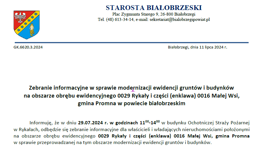 Zebranie informacyjne w sprawie modernizacji ewidencji gruntów i budynków na obszarze obrębu ewidencyjnego 0029 Rykały i części (enklawa) 0016 Małej Wsi, gmina Promna w powiecie białobrzeskim.