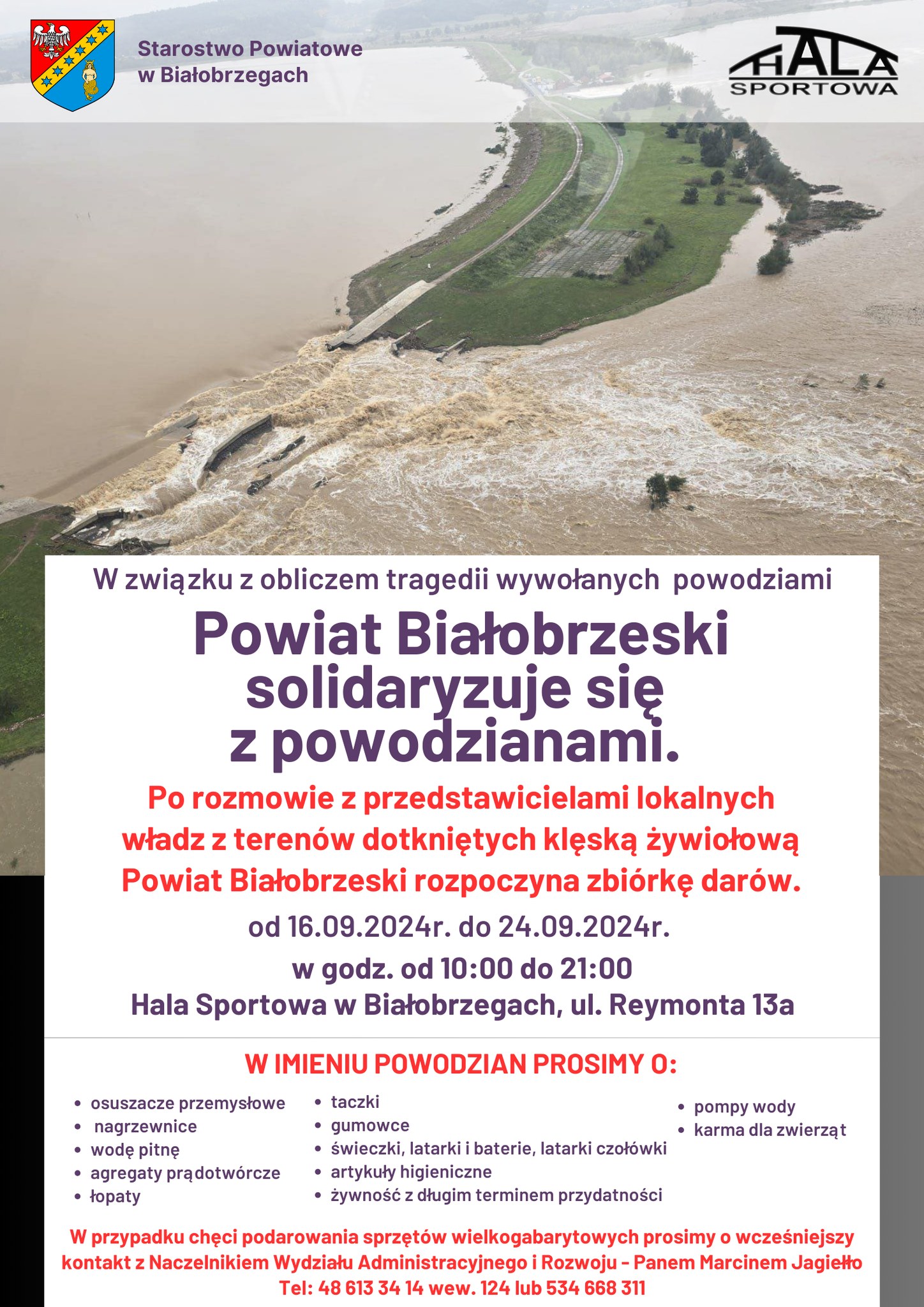W związku z obliczem tragedii wywołanych powodziami Powiat Białobrzeski ogłasza zbiórkę darów dla powodzian.