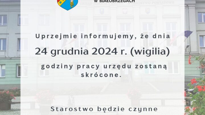 Uprzejmie informujemy, że dnia 24 grudnia 2024 r. (wigilia) godziny pracy urzędu zostaną skrócone.